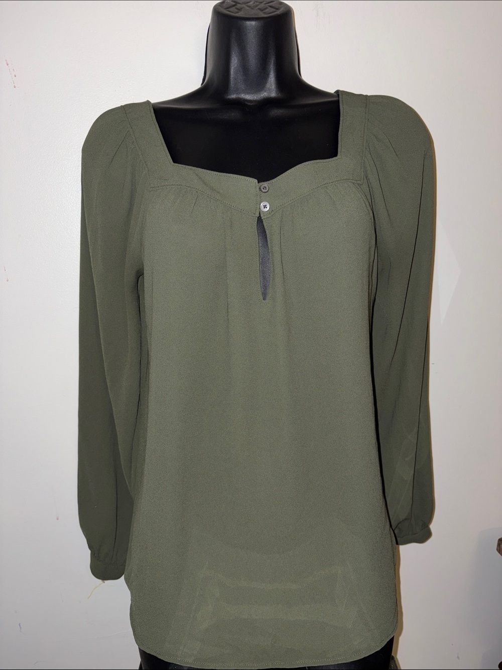 Olive Green Long Sleeve Square Neck Blouse